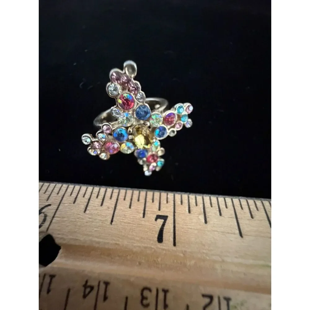 Vintage multi- colored rhinestone gold -tone cross ring